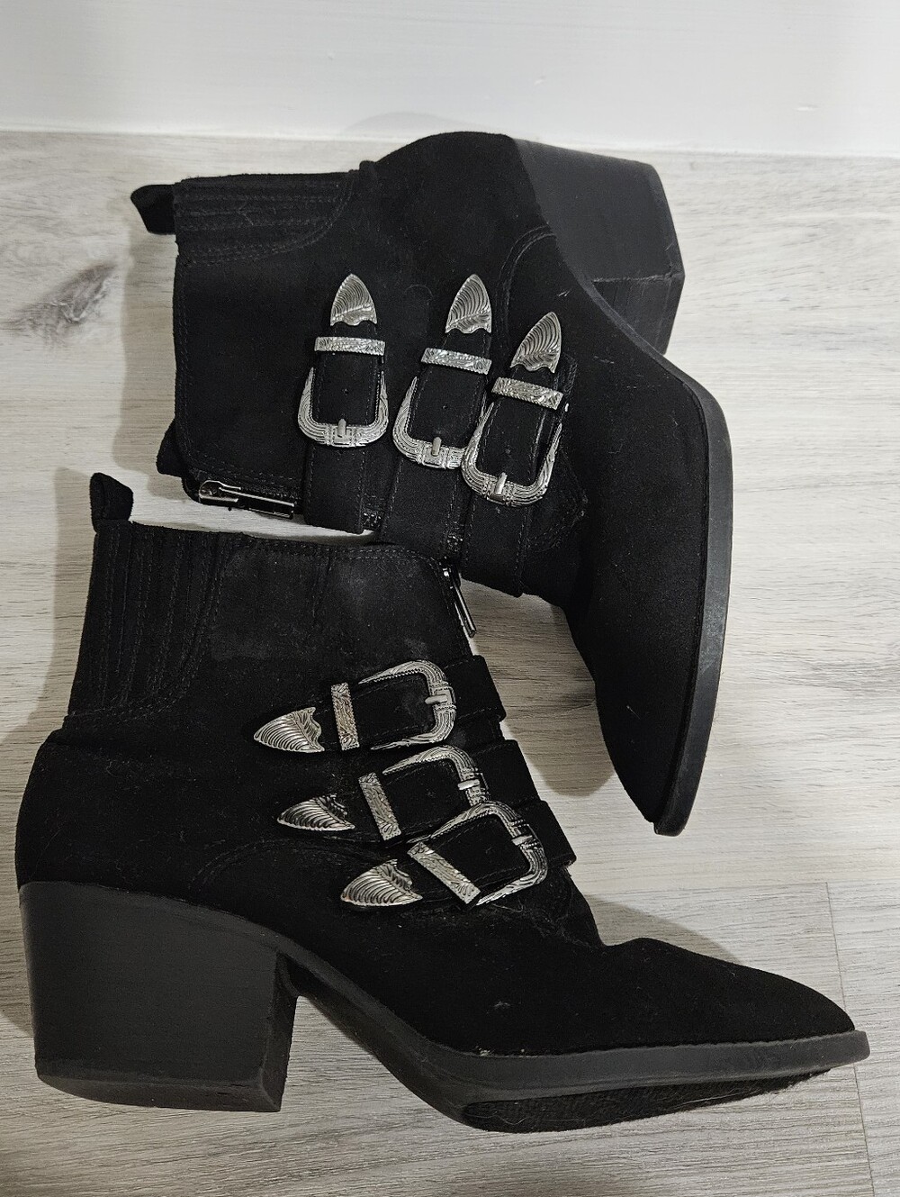 Carlos Santana Black Suede Buckle Ankle Boots